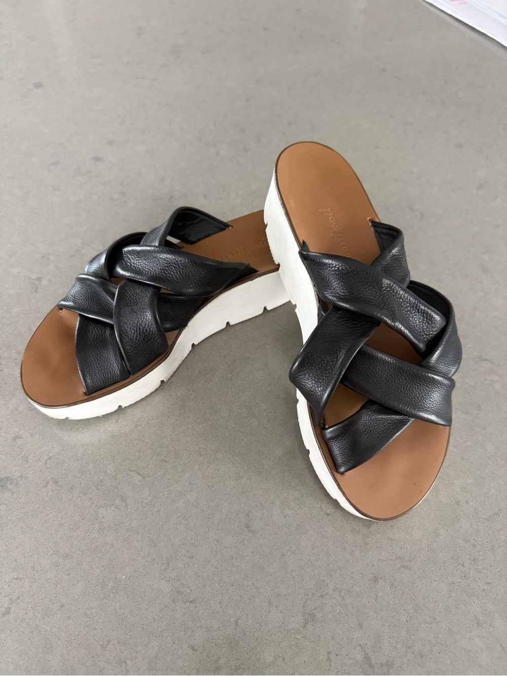 Paul Green Black Leather Crisscross Platform Sandals with White Sole Like new